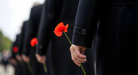 A close-up shot focusing on a woman's hand holding a single red poppy. She is part of a line of people in dark coats, likely participating in a solemn ceremony for Remembrance Day or Anzac Day. The poppy symbolizes memory, sacrifice, and veterans.の素材