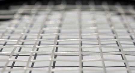 A macro close-up shot of the white woven strings of a tennis racket. The intersecting strings create a tight grid pattern with a very shallow depth of field, representing sports, equipment, precision, and the game of tennis.の素材