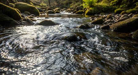 A low-angle, close-up shot of water flowing rapidly over moss-covered rocks in a shallow forest stream. The sunlight glistens on the rippling water surface, highlighting the clear water and natural environment.の素材