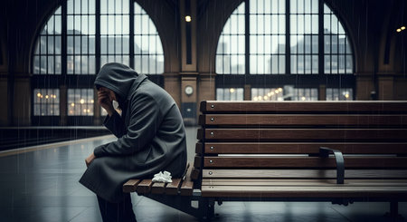 A solitary figure in a dark hooded coat sits hunched over on a wooden bench at an empty train station platform during a rainstorm. The moody and atmospheric scene evokes feelings of sadness, loneliness, depression, and despair.の素材