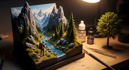 A detailed miniature diorama depicts a stunning mountain landscape with a river, pine trees, and a tiny hiker. The hobbyist's workstation is visible, with tools like tweezers, paint bottles, and brushes next to the model under a lamp. This represents hobbies, crafting, modeling, and meticulous attention to detail.の素材