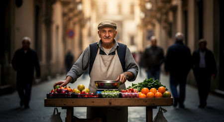 A warm portrait of a friendly elderly male street vendor standing proudly behind his wooden cart in a charming, narrow European street. He wears an apron and a cap, arranging fresh, colorful vegetables and fruits for sale. The background is softly blurred, focusing on the character and his produce.の素材