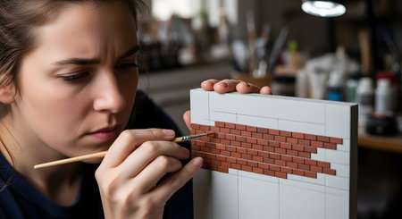 A focused woman meticulously paints details onto a miniature brick wall using a fine-tipped brush. Her concentrated expression shows her dedication to her craft in a well-lit workshop. The scene represents hobbies, craftsmanship, patience, and attention to detail.の素材