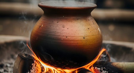 A rustic earthenware clay pot sits on burning logs, cooking over an open fire outdoors. Smoke and steam rise from the pot, depicting a traditional, ancient, and authentic method of slow cooking.の素材