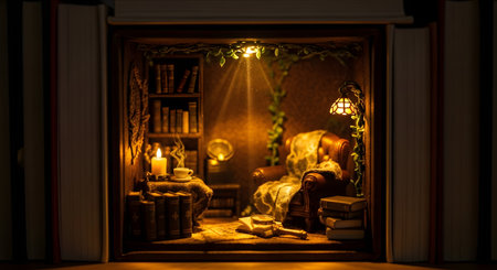 A charming and cozy miniature library scene is nestled between two large books, creating a magical book nook. The diorama features a tiny armchair, bookshelves, a lit candle, and a warm lamp, all illuminated by a soft spotlight from above. This image evokes feelings of comfort, fantasy, reading, and the love of books.の素材