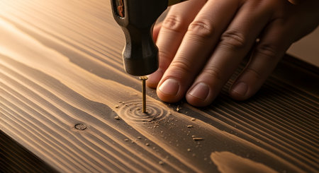 A close-up shot captures the action of a person hammering a nail into a dark-stained wooden plank. The focus is on the hammerhead making contact with the nail, creating ripple-like patterns in the wood dust. This image represents construction, DIY projects, craftsmanship, and hard work.の素材