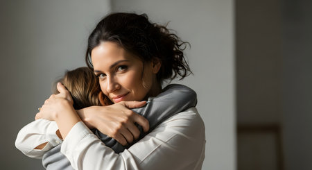 A tender moment between a mother and her child. The beautiful mother, wearing a white shirt, warmly embraces her child while looking at the camera with a gentle, loving smile, conveying a strong sense of maternal love, protection, and family connection.の素材