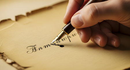 A close-up macro shot of a hand holding a classic fountain pen and writing in elegant calligraphy script on old parchment paper. An inkblot is visible near the nib, adding to the vintage and historical feel.の素材