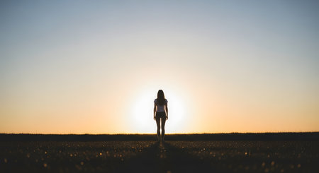 A minimalist silhouette of a woman standing alone in a flat field, facing a bright, clear sunset. Her long shadow stretches out in front of her. The image evokes feelings of solitude, peace, contemplation, and new beginnings.の素材