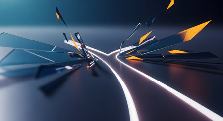 A dynamic 3D rendering of an abstract, futuristic scene with a shallow depth of field. A bright, glowing light trail moves through the center of a dark, reflective environment while sharp, glassy shards with orange highlights shatter outwards.の素材