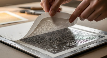 A close-up of an artist's hands carefully peeling back a wet sheet of paper to reveal an intricate, embossed pattern on a metal plate. This detailed image captures a moment in the printmaking or water transfer printing process, highlighting craftsmanship and creativity.の素材
