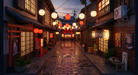 A beautiful, atmospheric 3D render of a traditional Japanese alleyway (yokocho) at dusk. The narrow, wet cobblestone street is lined with traditional wooden buildings, illuminated by glowing red and white paper lanterns. A vending machine and shop signs add detail to the serene, nostalgic scene.の素材