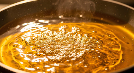 A dramatic macro shot of hot cooking oil bubbling vigorously in a frying pan. The golden liquid glistens under the light, with steam rising from the surface, indicating high heat. This image captures the dynamic process of deep-frying and the sizzling texture of hot oil.の素材