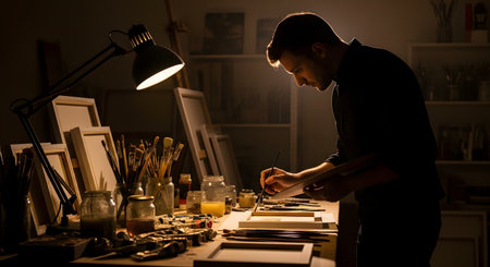 A focused male artist stands at his workbench, intensely working on a painting under the warm glow of a single desk lamp in a dark studio. The room is filled with canvases, brushes, and art supplies, creating an atmospheric and intimate portrait of the creative process. This image represents dedication, creativity, passion, and craftsmanship.の素材