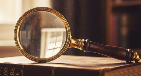 A classic magnifying glass with a wooden handle and brass frame rests on the cover of a thick, old book in a dimly lit library. The scene evokes themes of research, investigation, discovery, knowledge, literature, and detective work.の素材