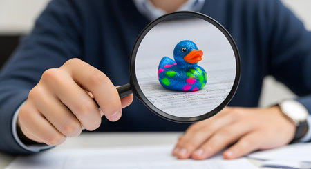 A person in an office setting uses a magnifying glass to inspect a document, but the lens is focused on a tiny, unexpected blue glitter rubber duck. This humorous and conceptual image represents finding anomalies, attention to detail, auditing, quality control, or discovering something unique and out of place.の素材