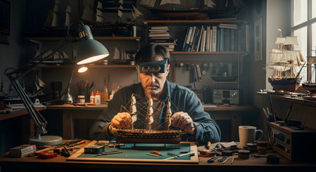 A focused middle-aged man with magnifying goggles works on a detailed wooden model ship at his cluttered workshop desk. The desk is covered in tools, and the room is filled with shelves of books and other model ships.の素材