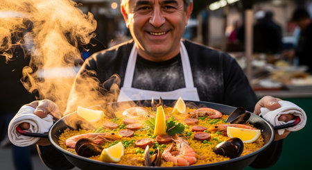 A happy and proud middle-aged chef in an apron presents a large, steaming pan of freshly cooked seafood paella. The vibrant dish is filled with shrimp, mussels, and chorizo, capturing the authentic and delicious essence of Spanish cuisine at a food market or festival.の素材