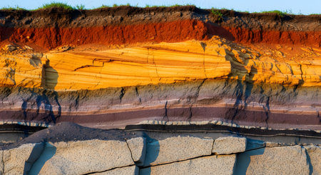 A geological cross-section of the earth, showing distinct, colorful horizontal layers (strata) of soil, clay, and rock. The exposed cliff face reveals different textures and colors, including topsoil with grass, a bright red-orange layer, yellow sandstone, and darker purple, black, and grey sedimentary rock.の素材