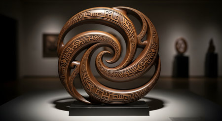 A beautifully crafted wooden sculpture with an intricate spiral design, inspired by Maori or Polynesian art forms. The piece, featuring detailed carvings, is spotlit and displayed on a pedestal in a modern art gallery or museum. The smooth curves and detailed patterns showcase exceptional woodworking skill.の素材