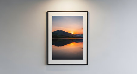 A framed print of a landscape photograph hangs on a white wall under a spotlight. The photo shows a serene sunset over a mountain, with its perfect reflection in a calm lake.の素材