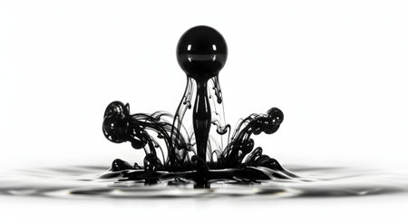 A high-speed photograph captures the moment black ink is dropped into clear water, creating a beautiful and complex splash. The ink forms an abstract, crown-like sculpture with delicate tendrils against a clean white background. This minimalist image represents creativity, fluidity, and impact.の素材