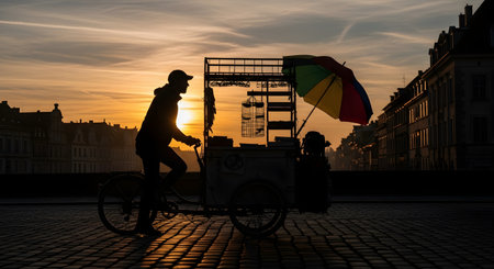 A dramatic silhouette of a street vendor pushing a tricycle cart along a cobblestone street at sunrise. The rising sun creates a golden glow behind the vendor, who is flanked by historic European buildings. A colorful umbrella is attached to the cart.の素材