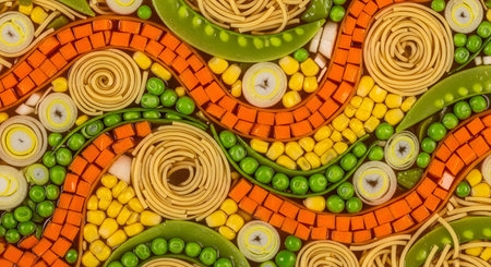 A top-down close-up of soup ingredients arranged in a vibrant, artistic pattern. Wavy lines of diced carrots, corn, and peas are interspersed with coiled noodle nests, snow peas, and onion slices, creating a colorful and abstract food background.の素材
