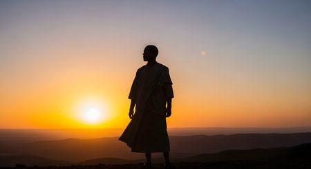 A silhouette of a person wearing a robe, standing on a hill or desert landscape against a vibrant sunrise or sunset. The person is looking off to the side, conveying a sense of peace, contemplation, or spirituality.の素材