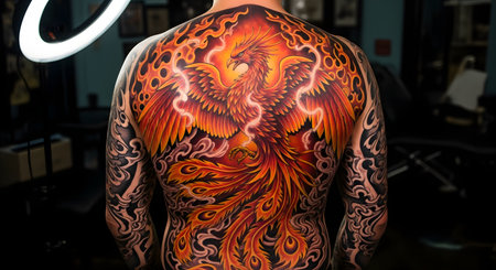 A man's entire back is covered with a large, vibrant, and colorful tattoo of a phoenix rising from flames. The intricate design features bright orange, red, and yellow colors, with the mythical bird's wings spread wide. The setting appears to be a tattoo parlor with a ring light in the background.の素材