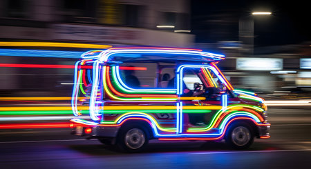 A small, unique vehicle, possibly a modified tuk-tuk or van, is completely outlined in bright, colorful neon lights (red, blue, green, yellow). Captured with a long exposure at night, the moving vehicle creates vibrant light trails against a blurred city street.の素材