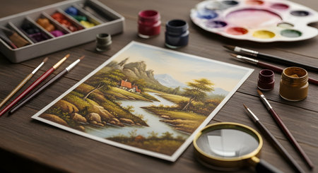 A finished watercolor painting of a pastoral landscape rests on a dark wooden desk, surrounded by a complete set of art supplies. The scene includes a paint palette, various brushes, jars of paint, and a magnifying glass, depicting a creative and peaceful hobby space.の素材