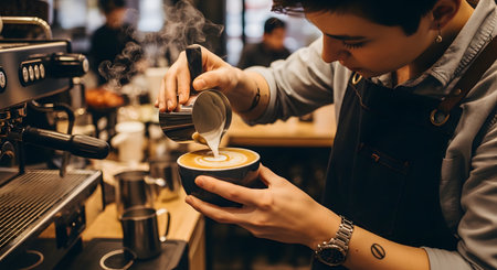 A focused, close-up shot of a female barista with short hair, wearing an apron, skillfully pouring steamed milk from a metal pitcher into a black coffee cup. She is creating beautiful latte art, with an espresso machine and blurred cafe environment in the background.の素材