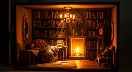 A detailed and cozy miniature diorama of a classic library or study room, viewed as a book nook. The scene features packed bookshelves, a leather armchair with a blanket, a glowing fireplace, a grandfather clock, and a warm chandelier. A light beam shines through, illuminating dust particles.の素材