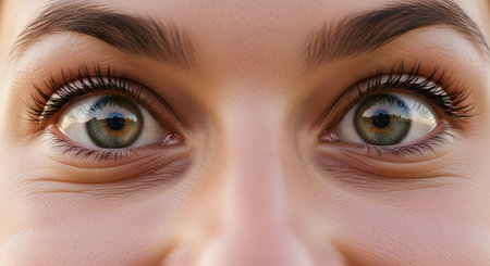 An extreme close-up of a woman's wide-open green-hazel eyes, looking directly at the camera with a neutral or slightly surprised expression. The macro shot details the colorful iris, pupils, long eyelashes, and eyebrows.の素材