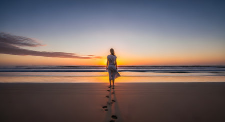 A woman in a white dress stands on a wet, sandy beach, looking out at the ocean during a beautiful, colorful sunset. Her footprints are visible in the sand behind her, and the sky is a clear gradient of blue, orange, and yellow. The scene evokes feelings of peace, solitude, and contemplation.の素材