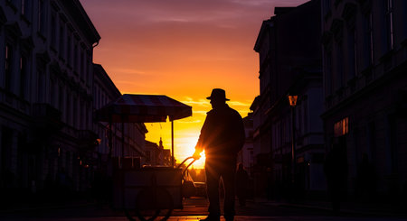 A silhouette of a street vendor, wearing a hat, pushing a food cart with an umbrella on a city street at sunset. The vibrant orange sky creates a strong contrast, highlighting the lone worker and evoking a sense of hard work and urban life.の素材