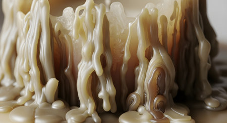 An extreme close-up, macro photograph of thick, dripping melted candle wax. The creamy, beige-colored wax has cooled into an abstract, organic formation with intricate layers and flowing shapes. This textured background evokes a sense of warmth, time, and tranquility.の素材
