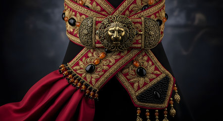 A close-up of an ornate and luxurious belt, featuring intricate gold embroidery on rich red fabric. The belt is adorned with beads, tassels, and a large, detailed bronze buckle sculpted in the shape of a lion's head, suitable for a royal, historical, or fantasy costume.の素材