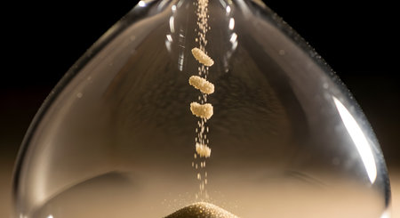 A macro, close-up image of sand falling through the narrow neck of an hourglass. The individual grains of sand are captured in motion as they drop and build a pile at the bottom. The dark background emphasizes the concept of time passing.の素材