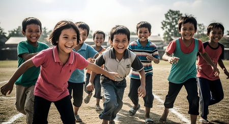 A group of joyful Southeast Asian children are running towards the camera with big smiles and laughter on their faces. They are playing together in a grassy field on a sunny day, perfectly capturing the energy, friendship, and happiness of childhood.の素材