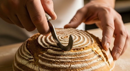 A close-up shot of a baker's hands using a bread lame to score a decorative spiral pattern onto a rustic loaf of artisan sourdough bread. The image highlights the craft of traditional baking, fresh ingredients, and the preparation of homemade food.の素材