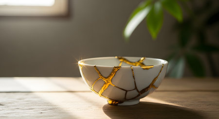 A white ceramic bowl, repaired using the traditional Japanese art of Kintsugi, sits on a wooden table in a beam of sunlight. The cracks are mended with gold lacquer, celebrating imperfection as part of the object's history. This image represents wabi-sabi, repair, and beauty in imperfection.の素材