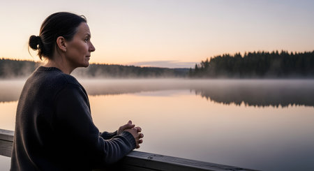A thoughtful senior woman stands in profile, looking out over a calm, misty lake at sunrise. The tranquil morning light and serene natural setting create a mood of contemplation, reflection, and peace.の素材