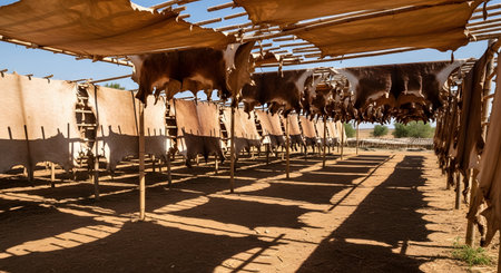 Rows of raw animal hides are stretched out and hung on wooden racks to dry under the hot sun at a traditional outdoor tannery. This ancient method of leather production is a cultural craft often seen in places like Morocco.の素材