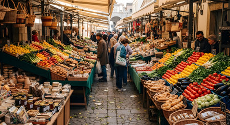 A bustling, vibrant scene at a European outdoor farmers' market. The cobblestone alley is lined with numerous stalls under awnings, overflowing with colorful fresh fruits, vegetables, breads, cheeses, and other local goods. Shoppers are browsing the abundant displays.の素材