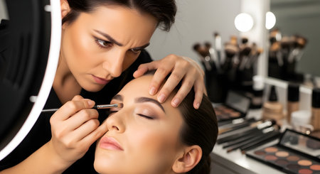 A professional makeup artist is shown in close-up, concentrating as she applies eyeshadow to a female client's eyelid. The client has her eyes closed, and the scene is a beauty salon or studio, with a ring light and various makeup products visible.の素材