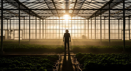 A silhouette of a farmer wearing a hat stands in the center of a large, modern greenhouse at sunset. The golden sun shines through the glass roof, illuminating rows of green plants and creating a hopeful, atmospheric scene.の素材