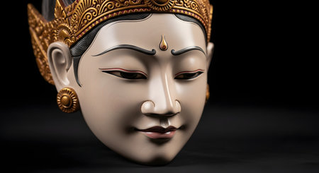 A close-up photograph of a traditional Javanese or Balinese wooden mask (Topeng) on a black background. The mask has a serene, gentle expression and is adorned with an intricate, golden headdress, representing Indonesian culture, art, and dance.の素材