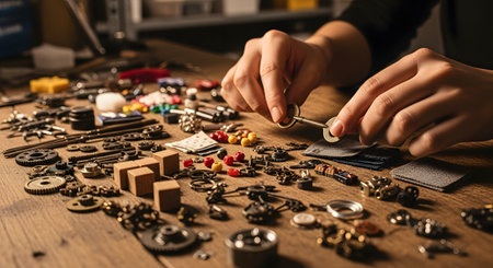 Close-up of a person's hands meticulously organizing and sorting various small, intricate parts on a wooden workbench. The parts include tiny gears, keys, beads, and metal components, suggesting a hobby like watchmaking, model building, or steampunk crafting.の素材